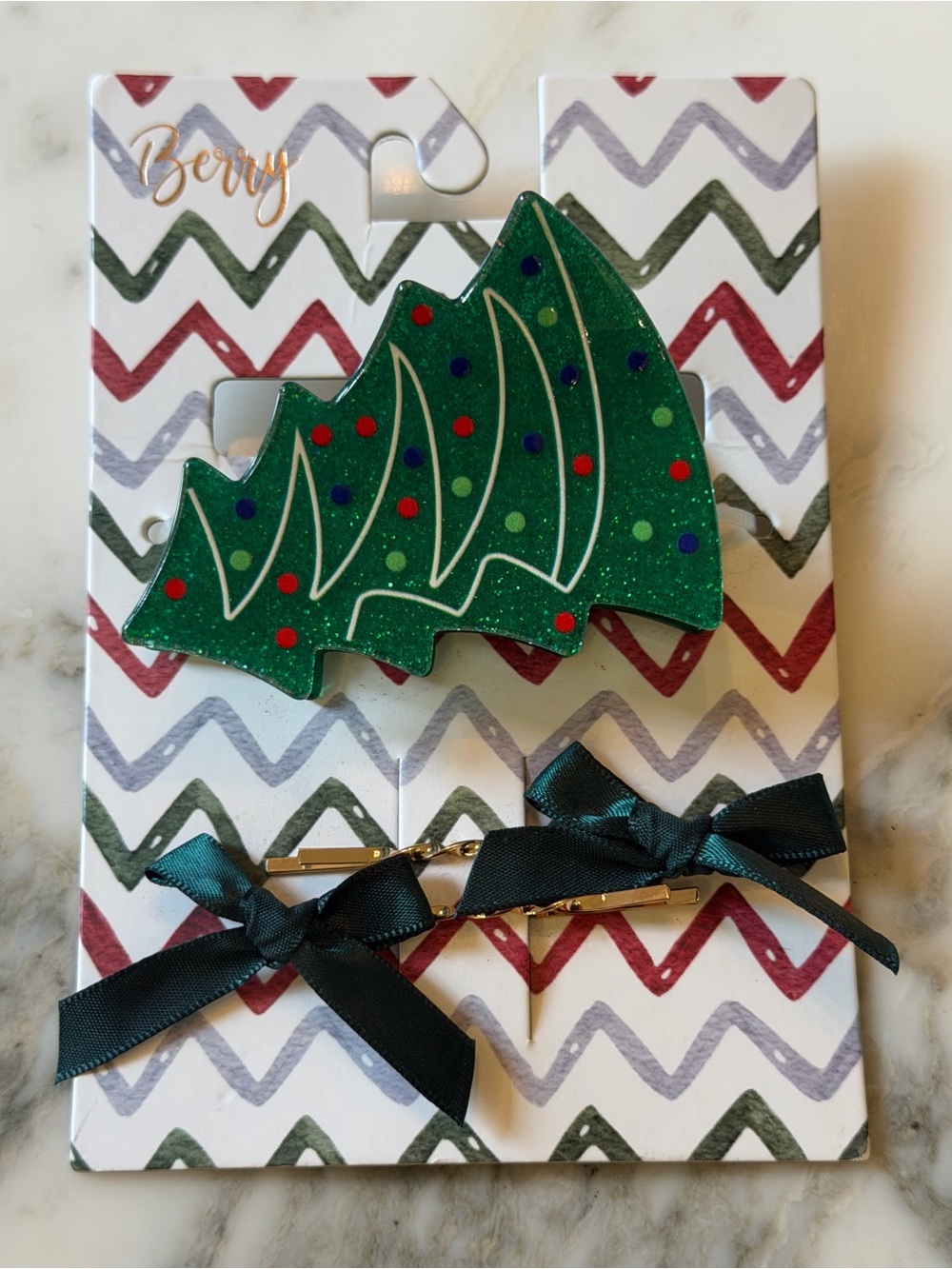NWT Berry Christmas Tree Hair Clip Set – Glitter Green Holiday Barrettes